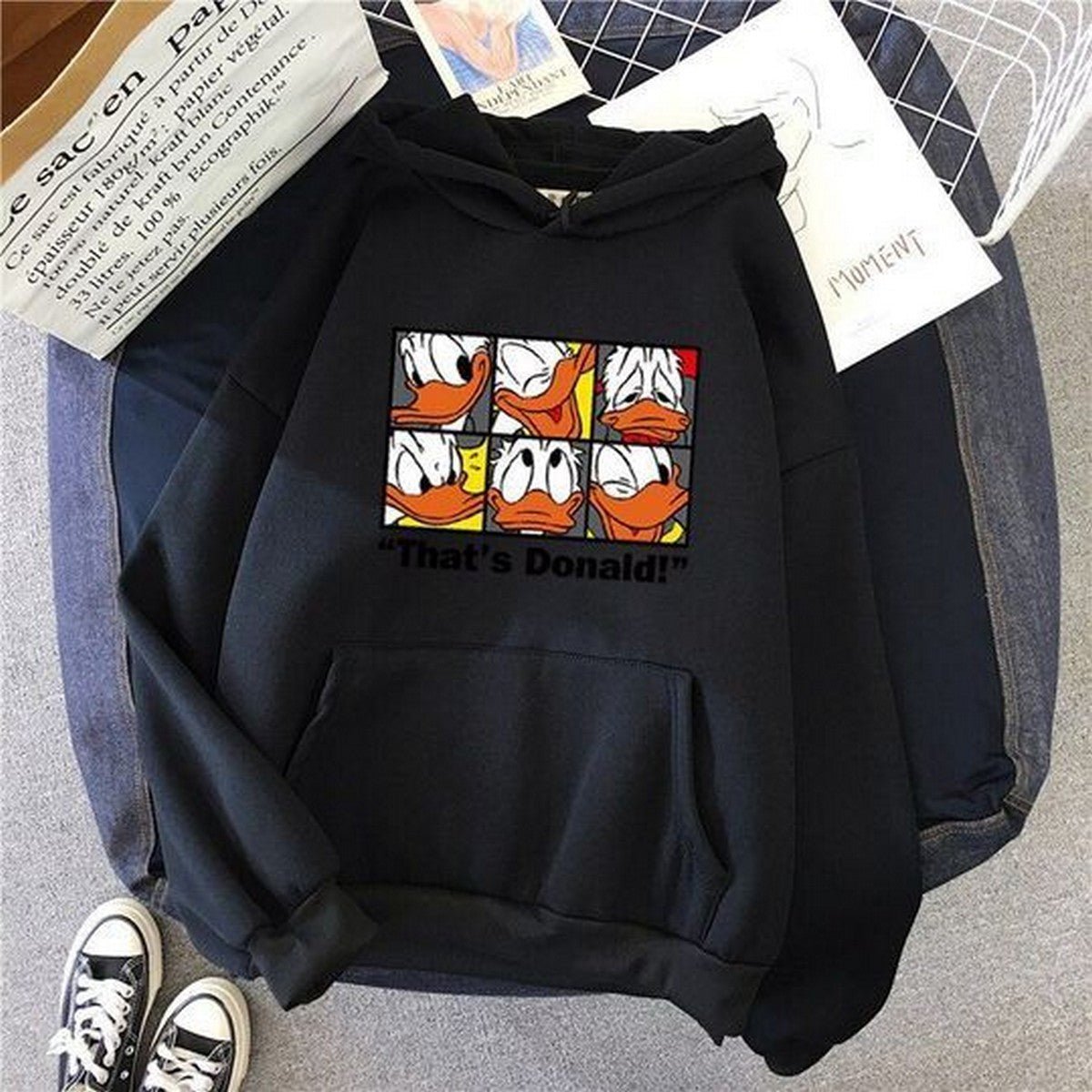 Black Donald Duck Printed Fleece Full Sleeves Pull Over Sweatshirt For Women - HB INDUSTRIES - Hoodies & Sweatshirts - 
