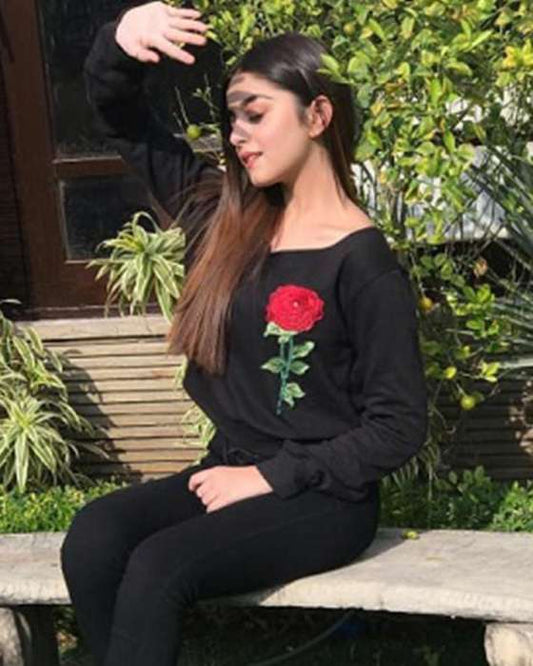 BLACK EMBROIDERY FLOWER PATCHES CROPPED SWEATSHIRT FOR womens 337 - HB INDUSTRIES - Hoodies & Sweatshirts - 