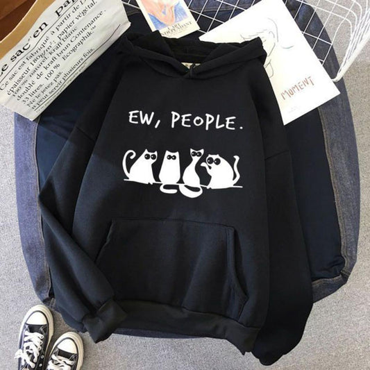 Black Ew People Fleece Full Sleeves Pull Over Hoodie For Women - HB INDUSTRIES - Hoodies & Sweatshirts - 