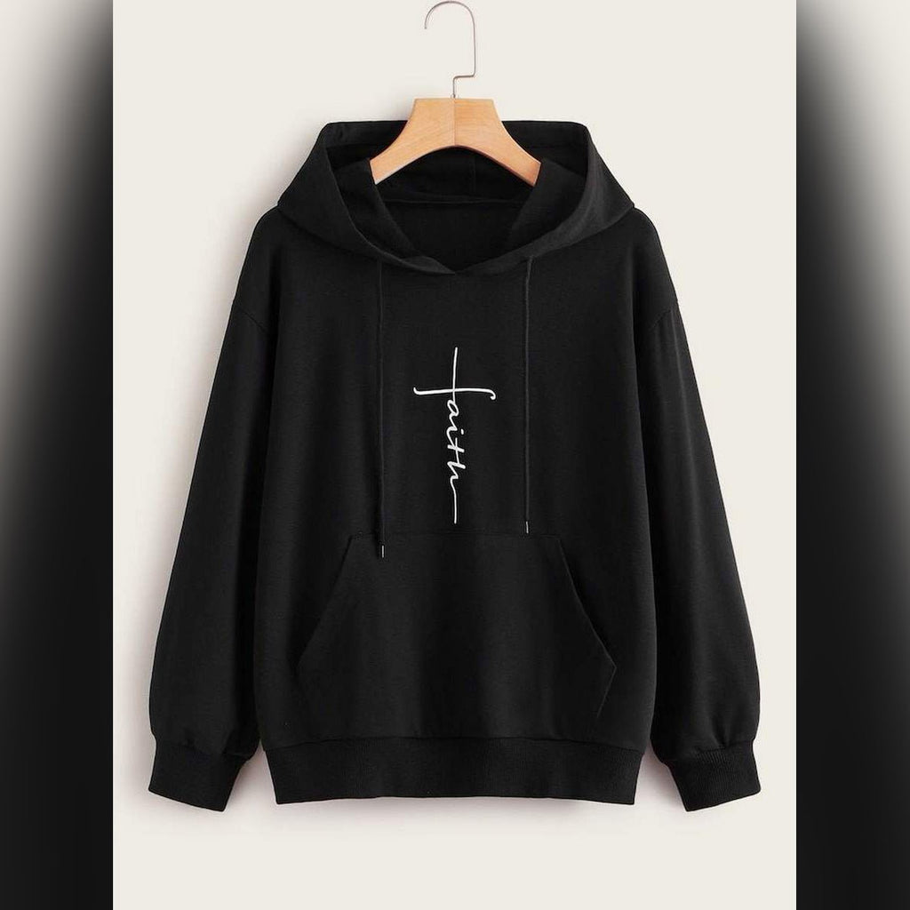 Black Faith Printed Fleece Full Sleeves Pull Over Hoodie - HB INDUSTRIES - Hoodies & Sweatshirts - 