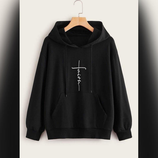 Black Faith Printed Fleece Full Sleeves Pull Over Hoodie - HB INDUSTRIES - Hoodies & Sweatshirts - 