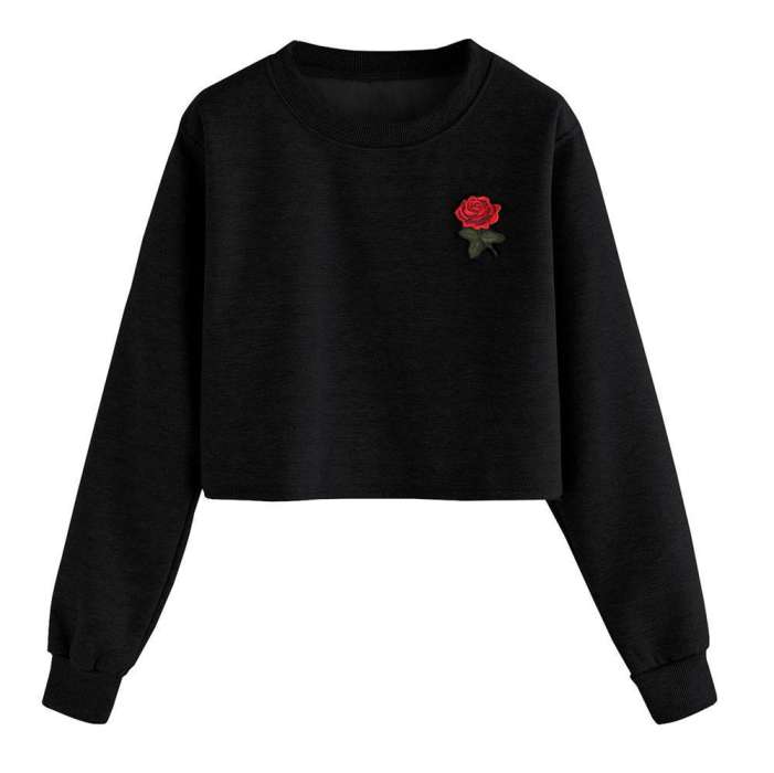 Black Fleece Rose Printed Cropped Sweat Shirt for Women - HB INDUSTRIES - Hoodies & Sweatshirts - 