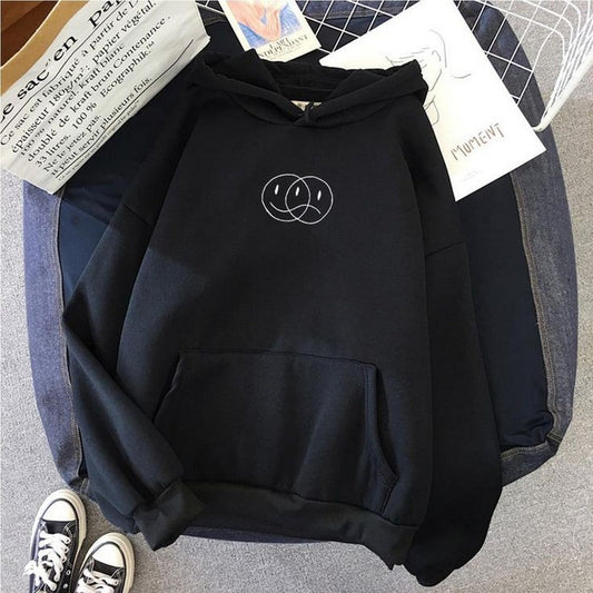 Black Happy Or Sad Fleece Full Sleeves Pull Over Hoodie For Women - HB INDUSTRIES - Hoodies & Sweatshirts - 