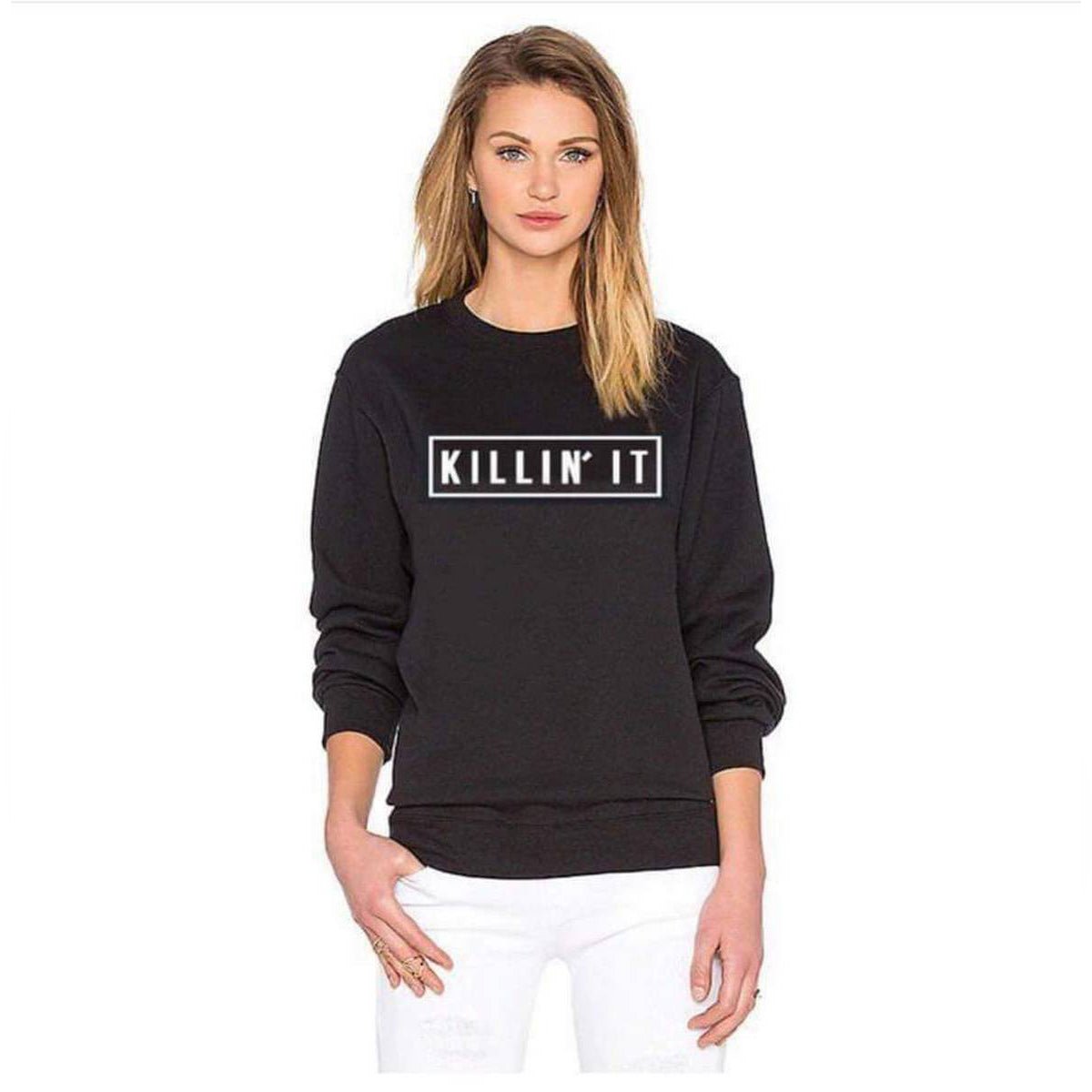 Black Killin It Fleece Full Sleeves Pull Over Sweatshirt For Women - HB INDUSTRIES - Hoodies & Sweatshirts - 