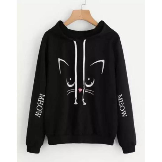 Black Meow Fleece Full Sleeves Pull Over Hoodie For Women - HB INDUSTRIES - Hoodies & Sweatshirts - 