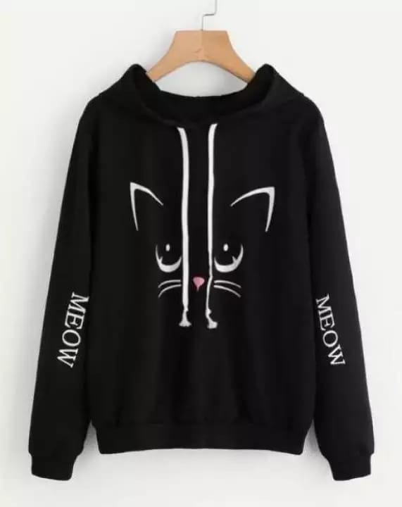 Black Meow Fleece Full Sleeves Pull Over Hoodie For Women - HB INDUSTRIES - Hoodies & Sweatshirts - 