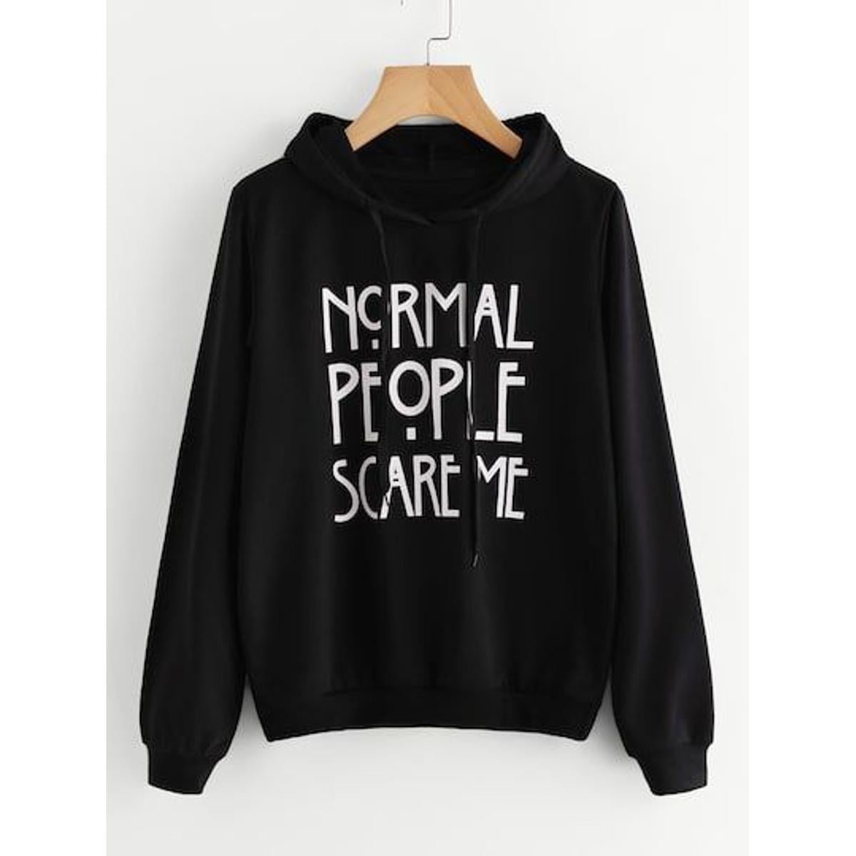 Black Normal People Scare Me Printed Fleece Full Sleeves Pull Over Hoodie For Women - HB INDUSTRIES - Hoodies & Sweatshirts - 