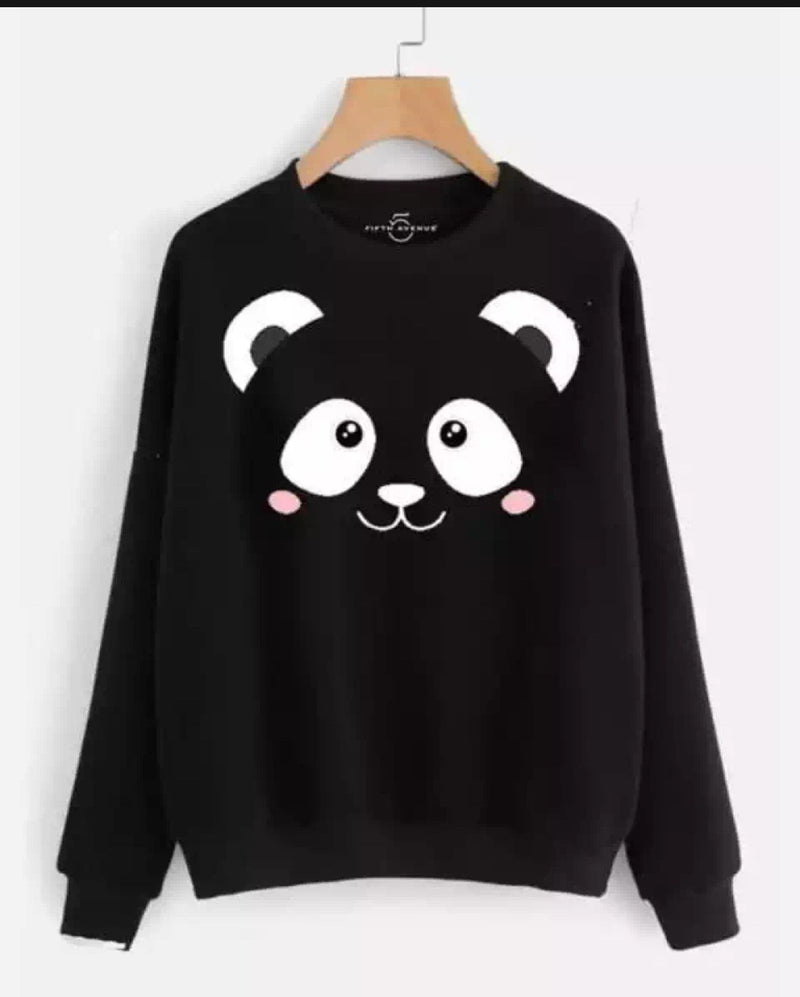 Black Panda Printed Fleece Full Sleeves Pull Over Sweatshirt For Women - HB INDUSTRIES - Hoodies & Sweatshirts - 