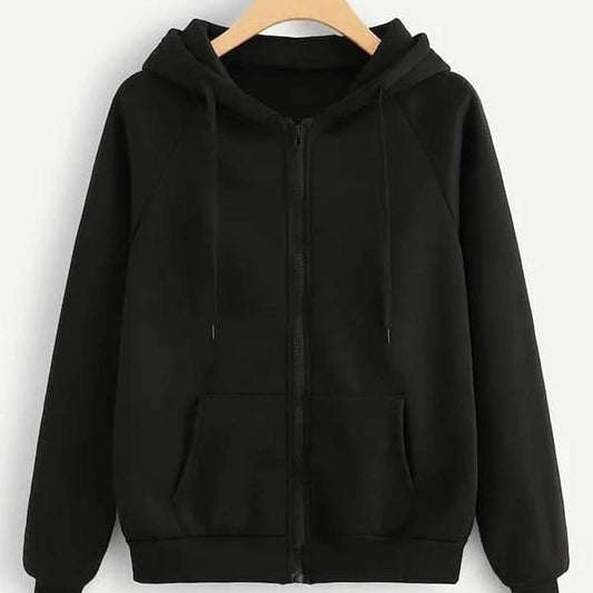 Black Plain Fleece Full Sleeves Zipper Hoodie For Women - HB INDUSTRIES - Hoodies & Sweatshirts - 