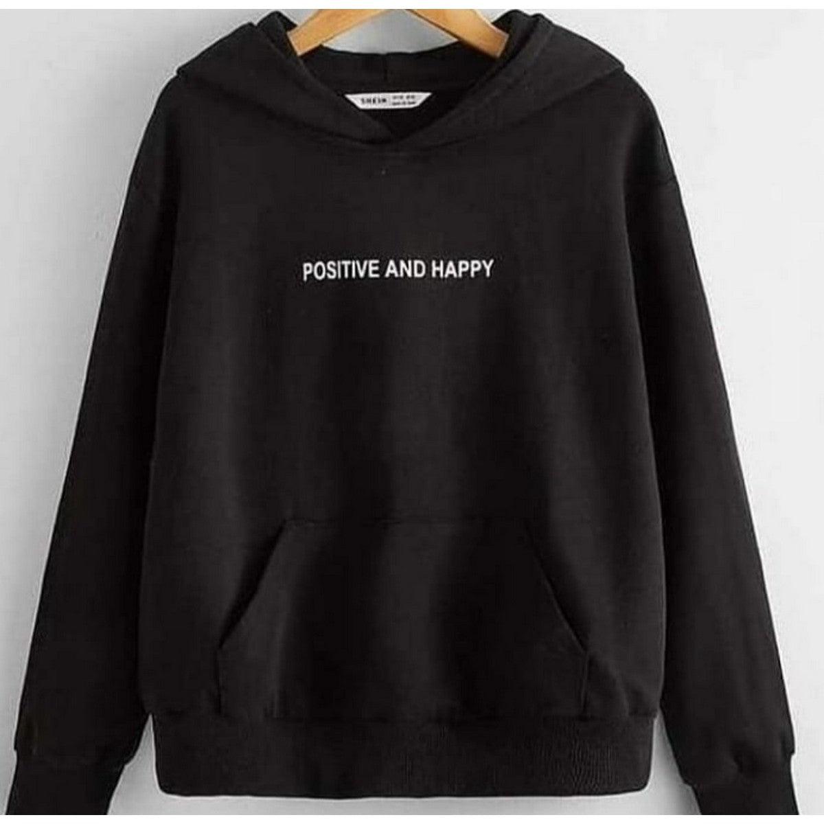 Black Positive And Happy Fleece Full Sleeves Pull Over Hoodie For Women - HB INDUSTRIES - Hoodies & Sweatshirts - 