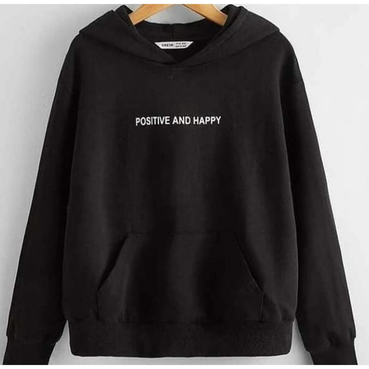 Black Positive And Happy Fleece Full Sleeves Pull Over Hoodie For Women - HB INDUSTRIES - Hoodies & Sweatshirts - 