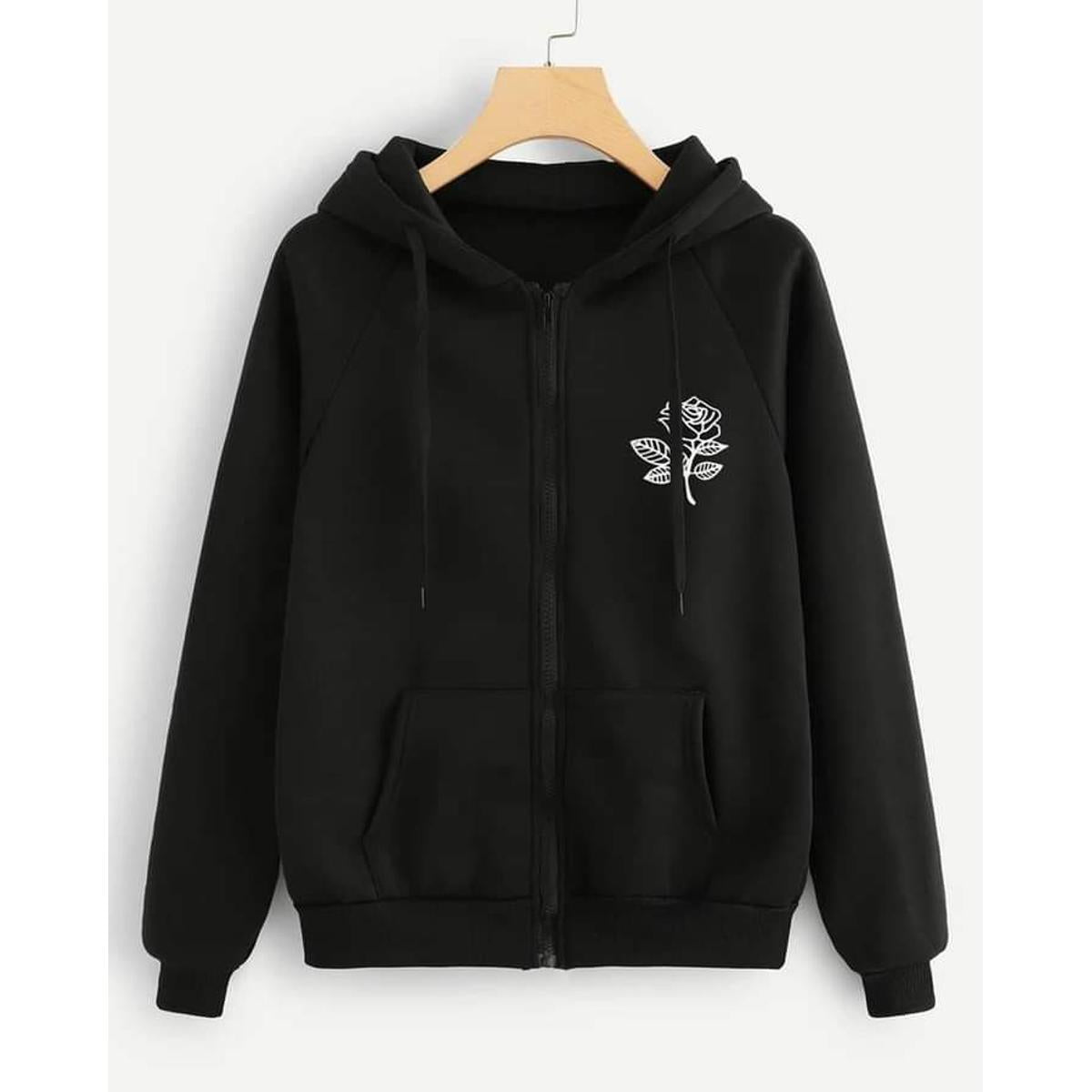 Black Rose Fleece Full Sleeves Zipper Hoodie For Women - HB INDUSTRIES - Hoodies & Sweatshirts - 