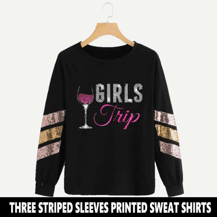 BLACK THREE STRIPED SLEEVES PRINTED SWEAT SHIRTS ( TRIP PRINT ) - HB INDUSTRIES - Hoodies & Sweatshirts - 