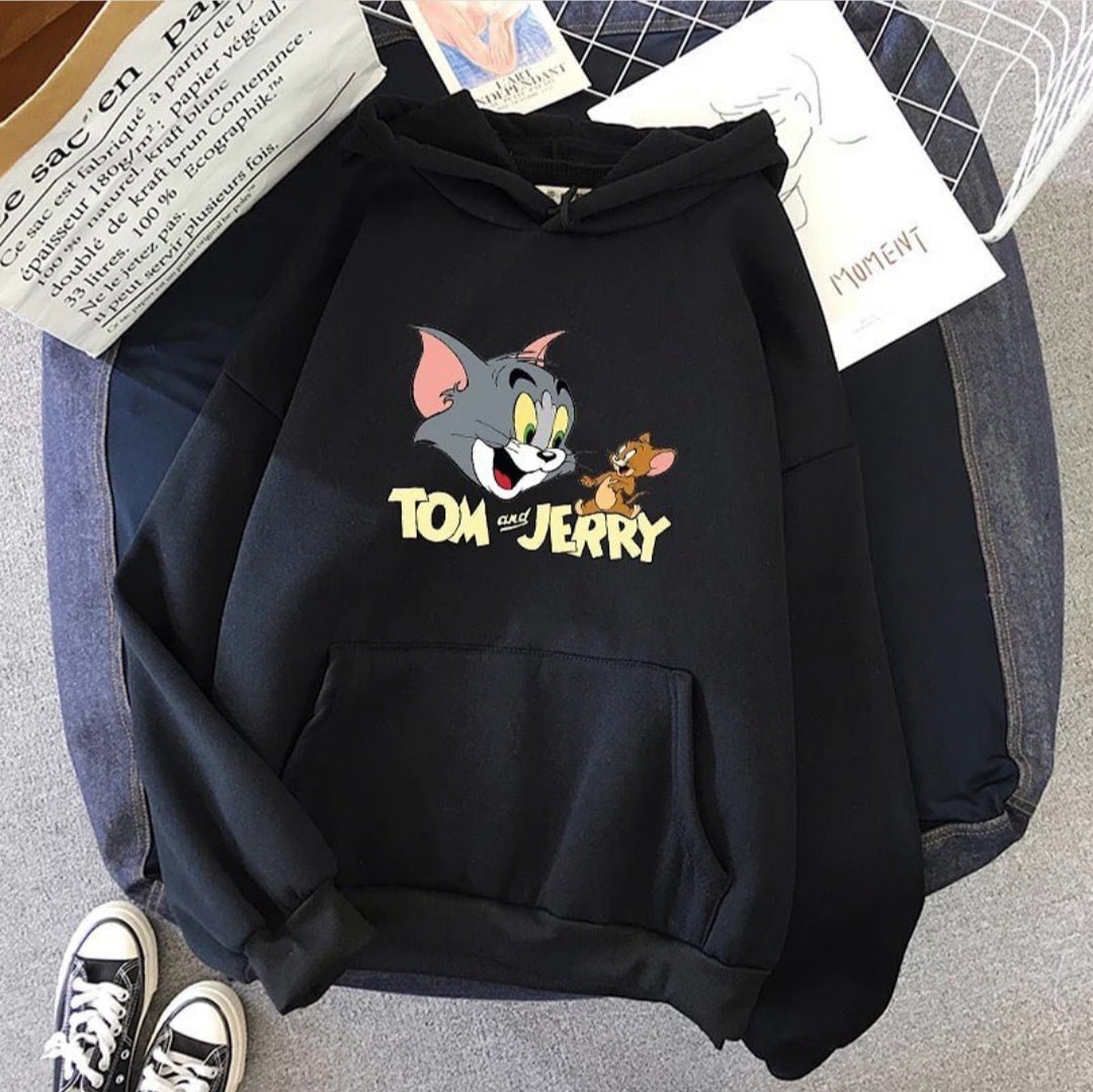 Black Tom And Jerry Fleece Full Sleeves Pull Over Hoodie For Women - HB INDUSTRIES - Hoodies & Sweatshirts - 