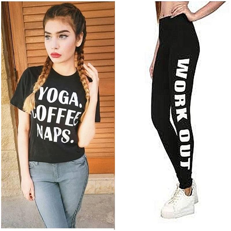 Black Yoga Coffee Nap T - Shirt and Black Work Out Tight For Women - HB INDUSTRIES - Tops & T - Shirts - 