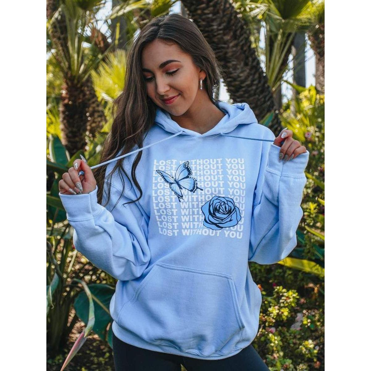 Blue Lost Without You Fleece Full Sleeves Pull Over Hoodie For Women - HB INDUSTRIES - Hoodies & Sweatshirts - 