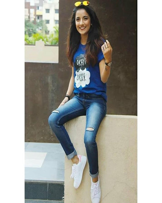 Blue Okay Okay Cotton Printed T - Shirt For Women - HB INDUSTRIES - Tops & T - Shirts - 