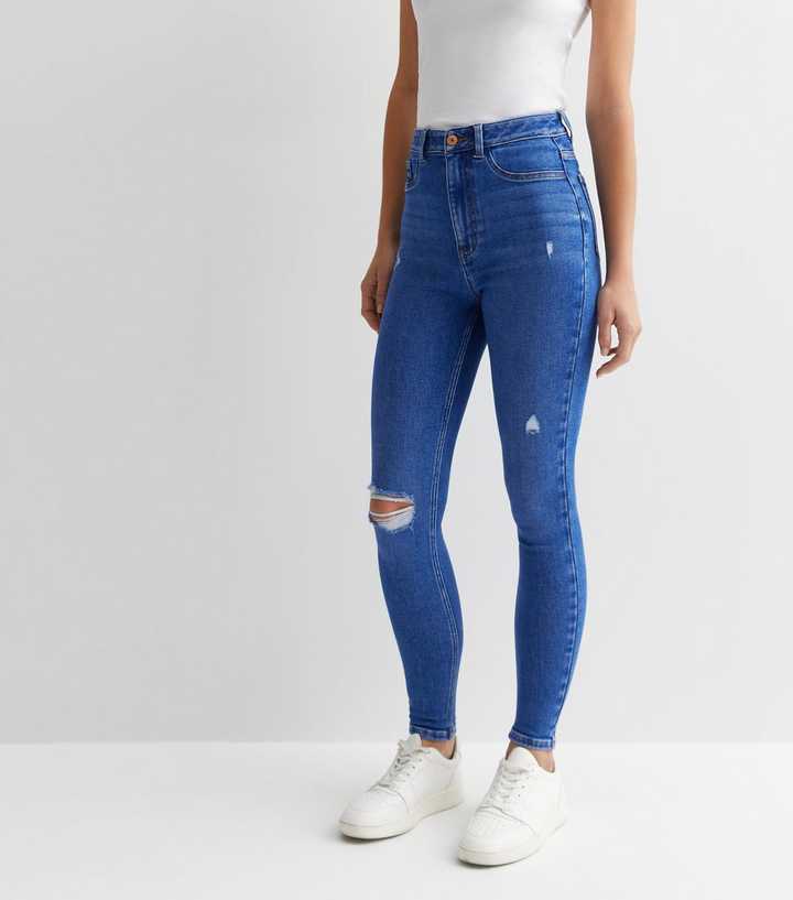 Bright Blue High Waist Ripped Knee Super Skinny Jeans - HB INDUSTRIES - Jeans - 