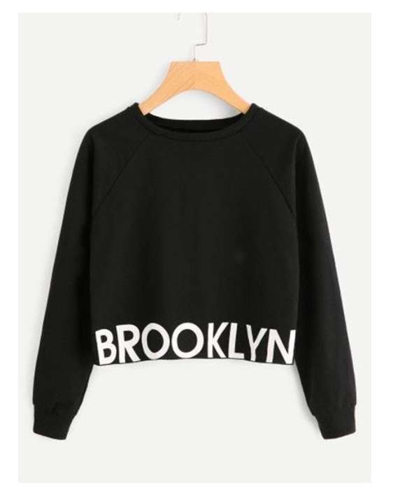 Brooklen Cropped Printed Black Sweatshirt For women - HB INDUSTRIES - Hoodies & Sweatshirts - 