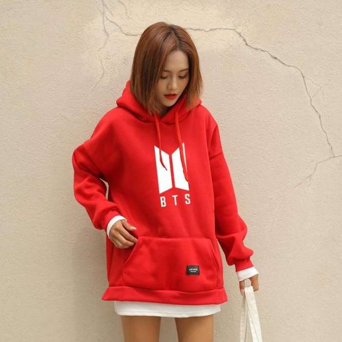 BTS Red Fleece Pullover Pocket Kangaroo Hoodie For Women - HB INDUSTRIES - Hoodies & Sweatshirts - 