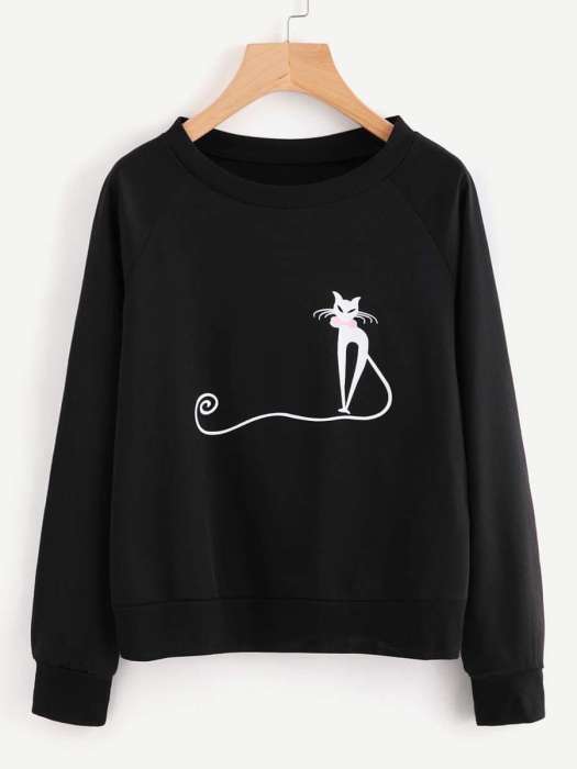 Cat Long Tail Printed Cotton Fleece Sweatshirt for Women OWA SShirtW BlCatLT - HB INDUSTRIES - Hoodies & Sweatshirts - 