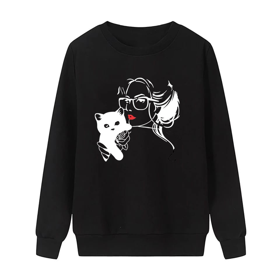 Cat Lover Printed Fleece Full Sleeves Pull Over Sweatshirt For Women - HB INDUSTRIES - Hoodies & Sweatshirts - 