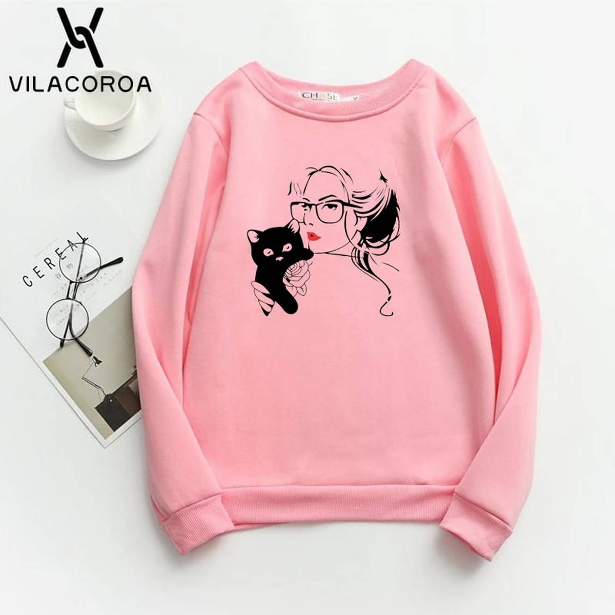 Cat Lover Printed Fleece Full Sleeves Pull Over Sweatshirt For Women - HB INDUSTRIES - Hoodies & Sweatshirts - 