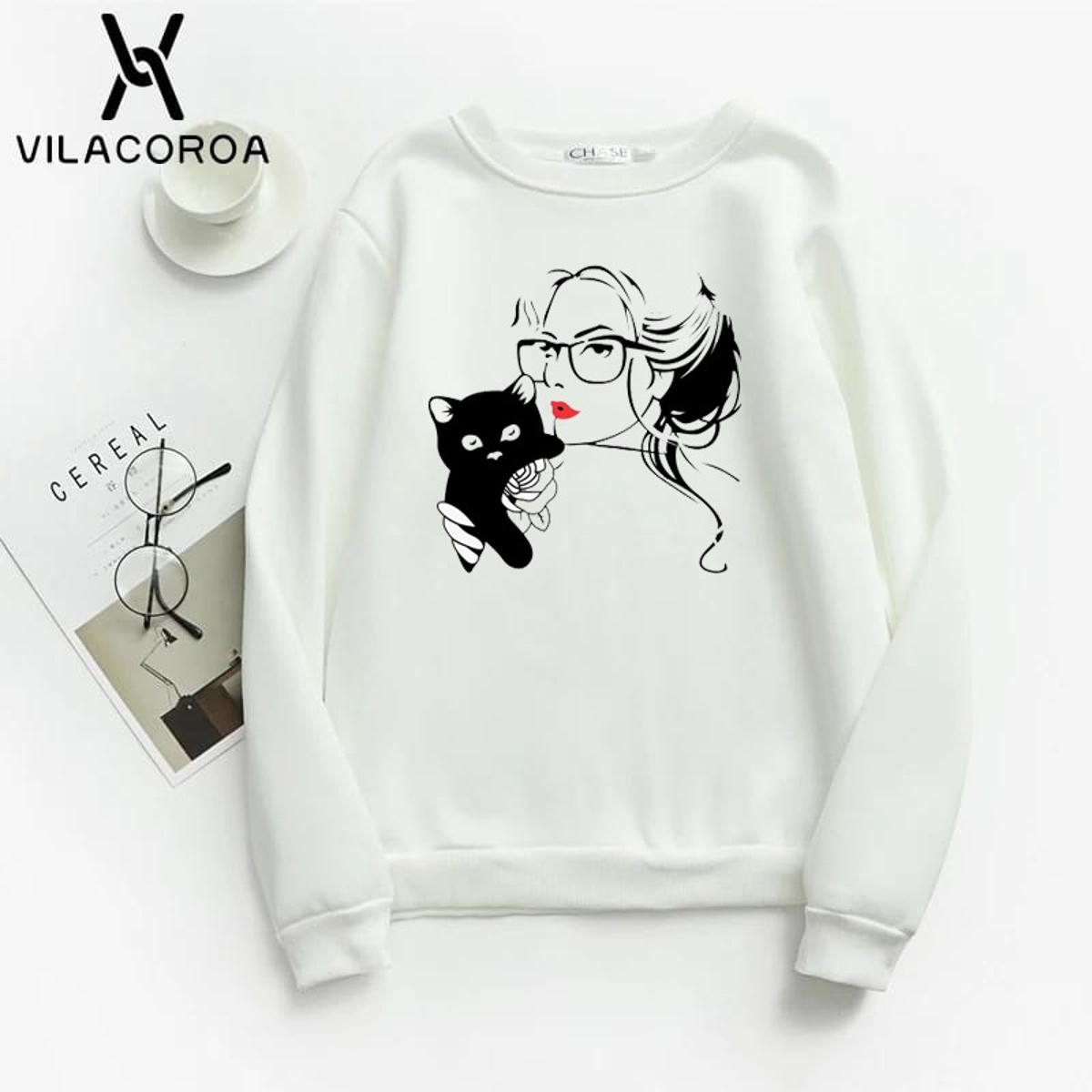 Cat Lover Printed Fleece Full Sleeves Pull Over Sweatshirt For Women - HB INDUSTRIES - Hoodies & Sweatshirts - 