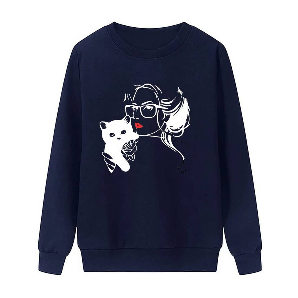 Cat Lover Printed Fleece Full Sleeves Pull Over Sweatshirt For Women - HB INDUSTRIES - Hoodies & Sweatshirts - 