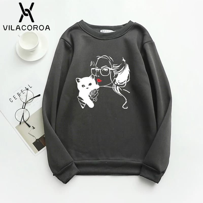 Cat Lover Printed Fleece Full Sleeves Pull Over Sweatshirt For Women - HB INDUSTRIES - Hoodies & Sweatshirts - 