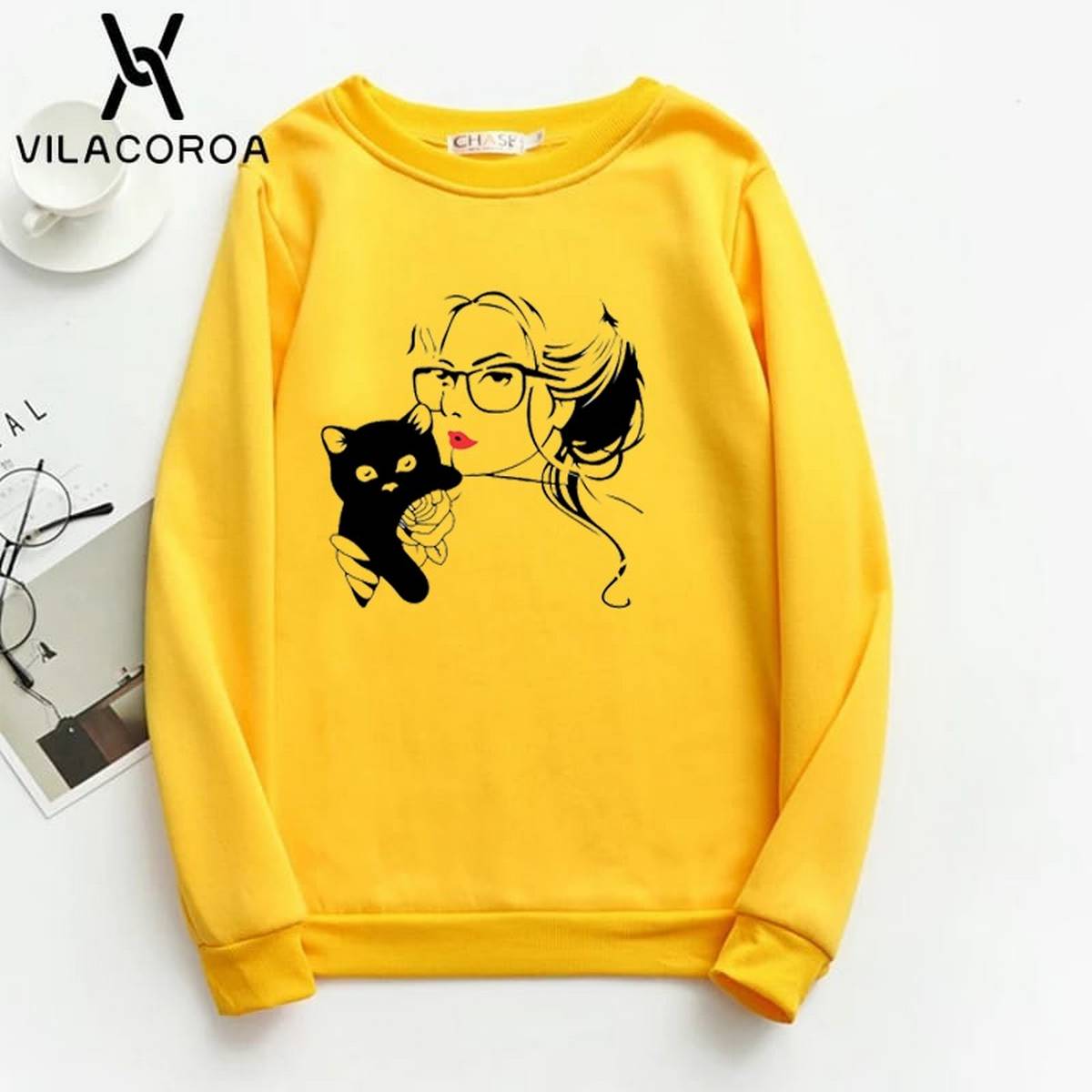 Cat Lover Printed Fleece Full Sleeves Pull Over Sweatshirt For Women - HB INDUSTRIES - Hoodies & Sweatshirts - 