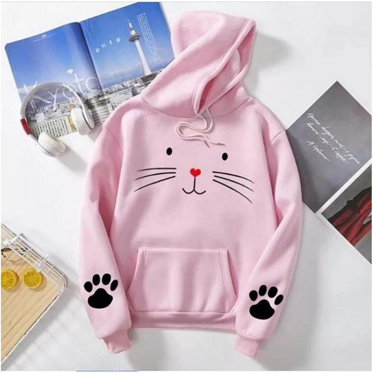 Cat Printed Fleece Full Sleeves Pull Over Hoodie For Women - HB INDUSTRIES - Hoodies & Sweatshirts - 