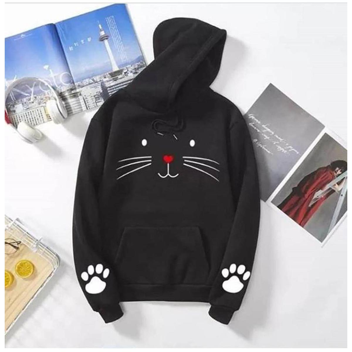 Cat Printed Fleece Full Sleeves Pull Over Hoodie For Women - HB INDUSTRIES - Hoodies & Sweatshirts - 