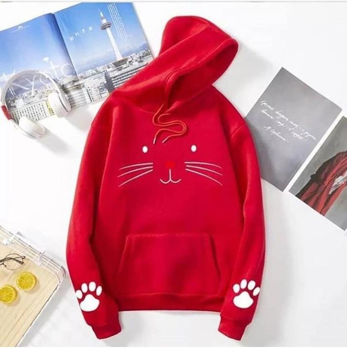 Cat Printed Fleece Full Sleeves Pull Over Hoodie For Women - HB INDUSTRIES - Hoodies & Sweatshirts - 