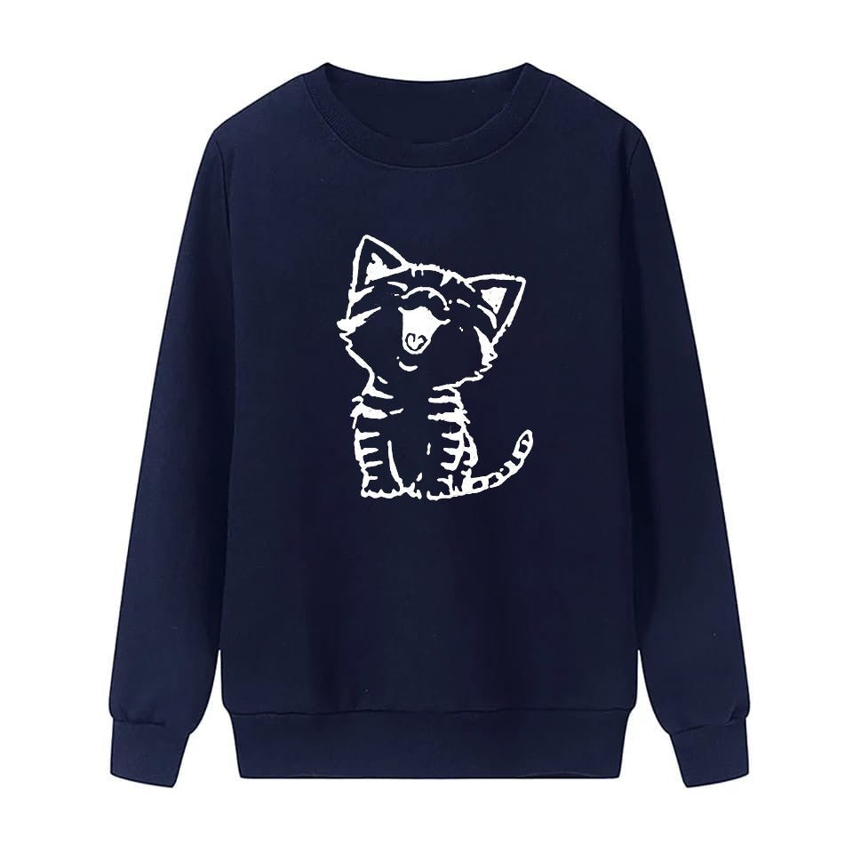 Cat Printed Fleece Full Sleeves Pull Over Sweatshirt For Women - HB INDUSTRIES - Hoodies & Sweatshirts - 