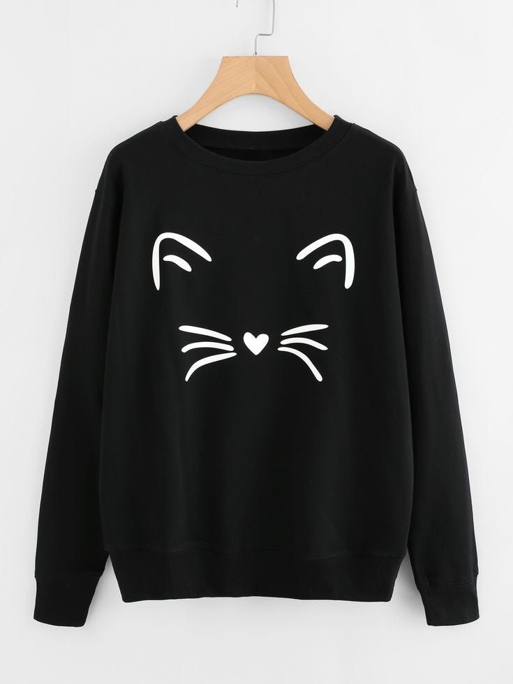 Cat Printed Fleece Full Sleeves Pull Over Sweatshirt For Women - HB INDUSTRIES - Hoodies & Sweatshirts - 