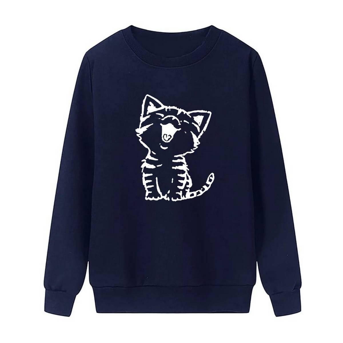Cat Printed Fleece Full Sleeves Pull Over Sweatshirt For Women - HB INDUSTRIES - Hoodies & Sweatshirts - 