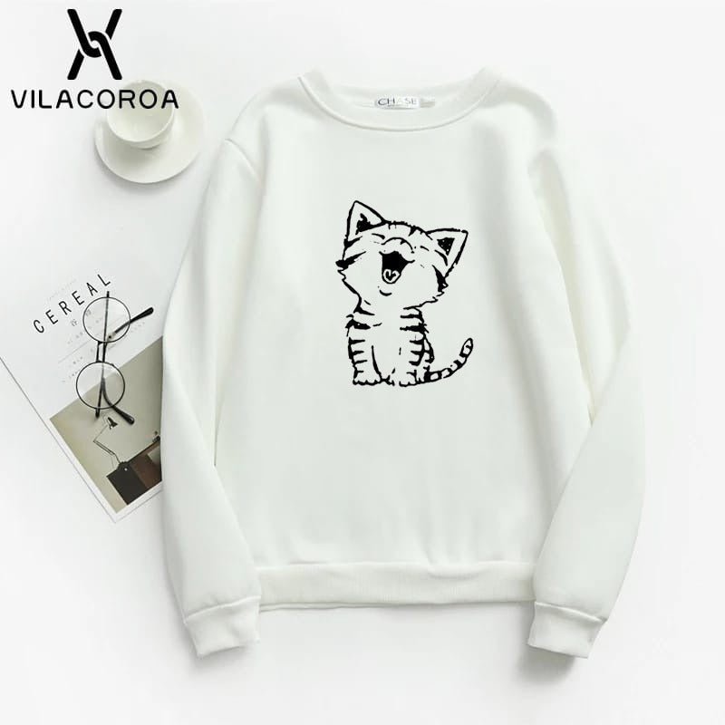 Cat Printed Fleece Full Sleeves Pull Over Sweatshirt For Women - HB INDUSTRIES - Hoodies & Sweatshirts - 