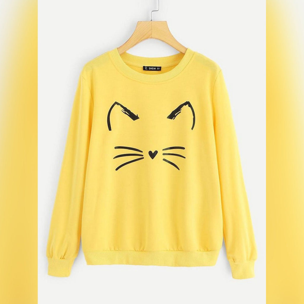 Cat Printed Fleece Full Sleeves Pull Over Sweatshirt For Women - HB INDUSTRIES - Hoodies & Sweatshirts - 