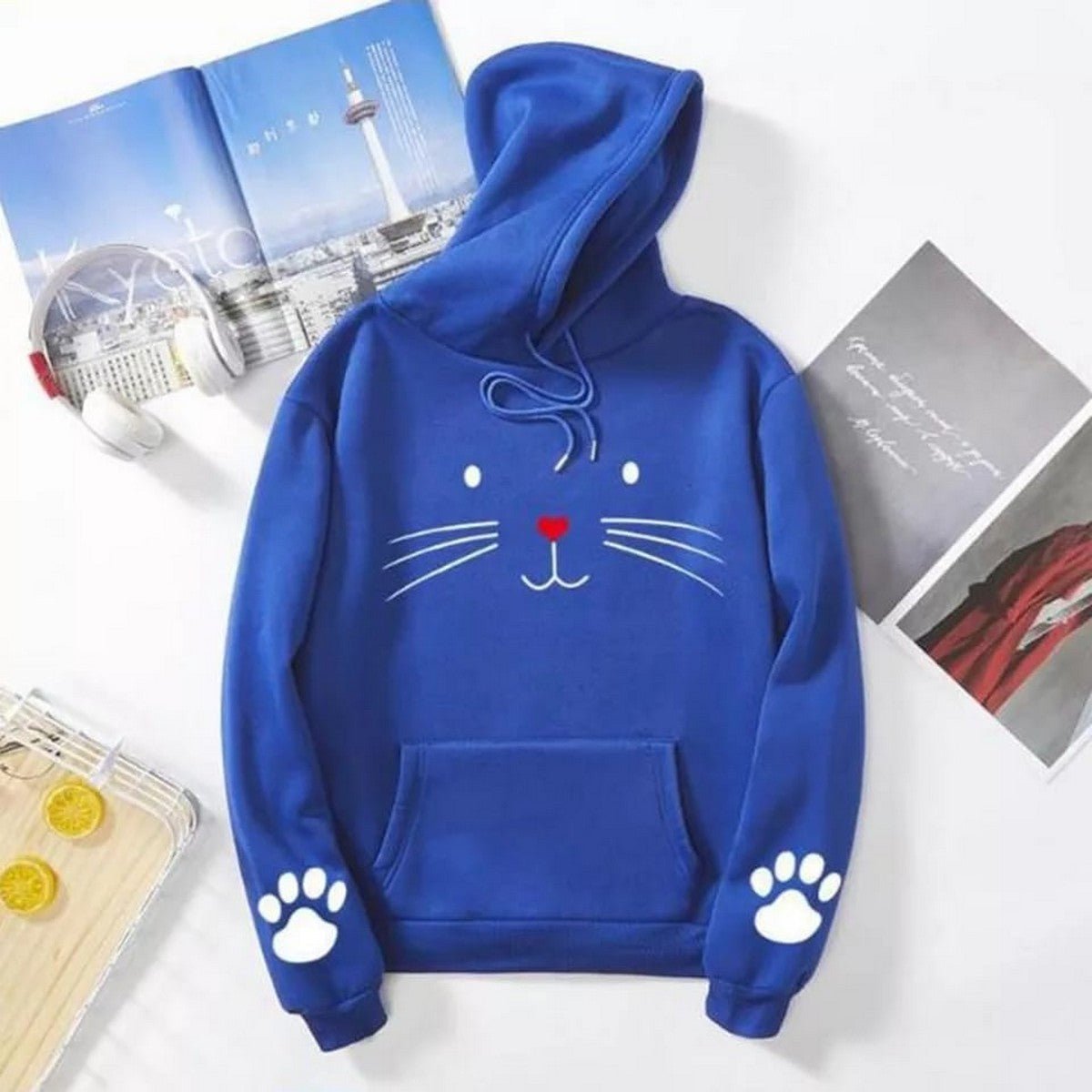 Cute Cat Pow Sleeve Print Fleece Full Sleeves Pull Over Hoodie For Women - HB INDUSTRIES - Hoodies & Sweatshirts - 
