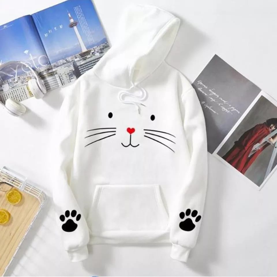 Cute Cat Pow Sleeve Print Fleece Full Sleeves Pull Over Hoodie For Women - HB INDUSTRIES - Hoodies & Sweatshirts - 