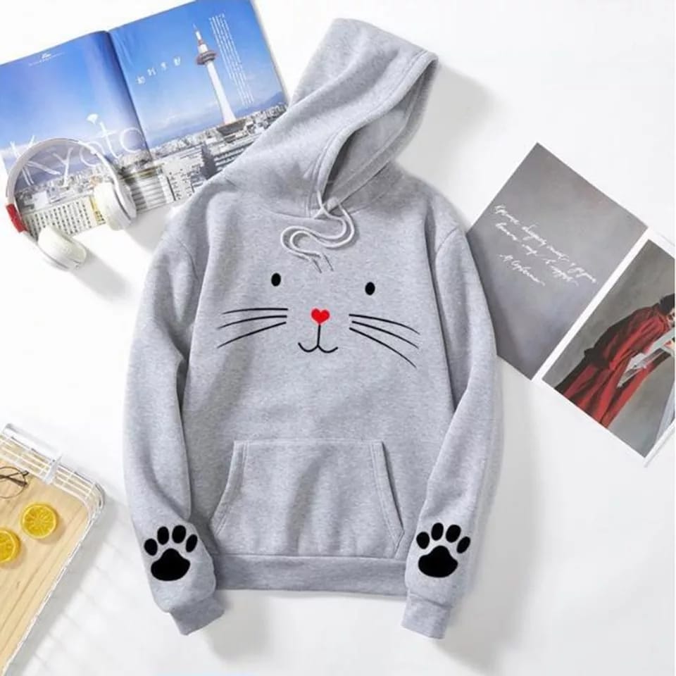 Cute Cat Pow Sleeve Print Fleece Full Sleeves Pull Over Hoodie For Women - HB INDUSTRIES - Hoodies & Sweatshirts - 