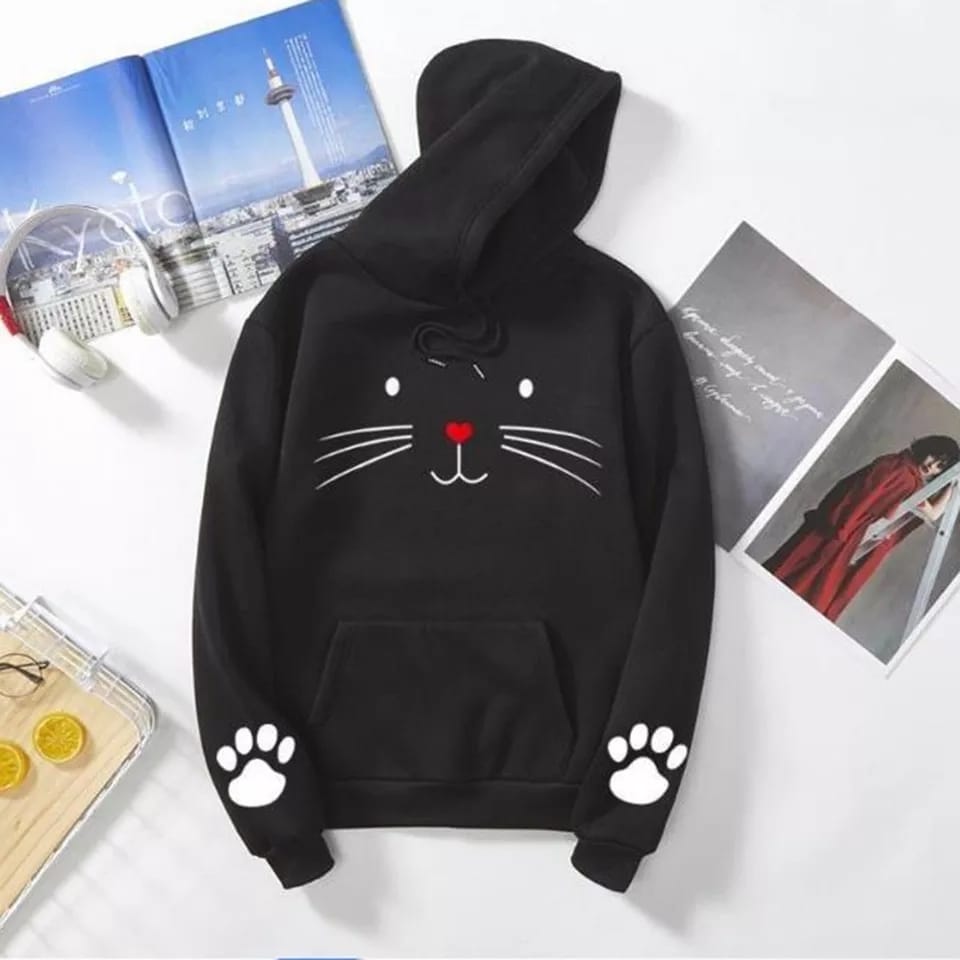 Cute Cat Pow Sleeve Print Fleece Full Sleeves Pull Over Hoodie For Women - HB INDUSTRIES - Hoodies & Sweatshirts - 