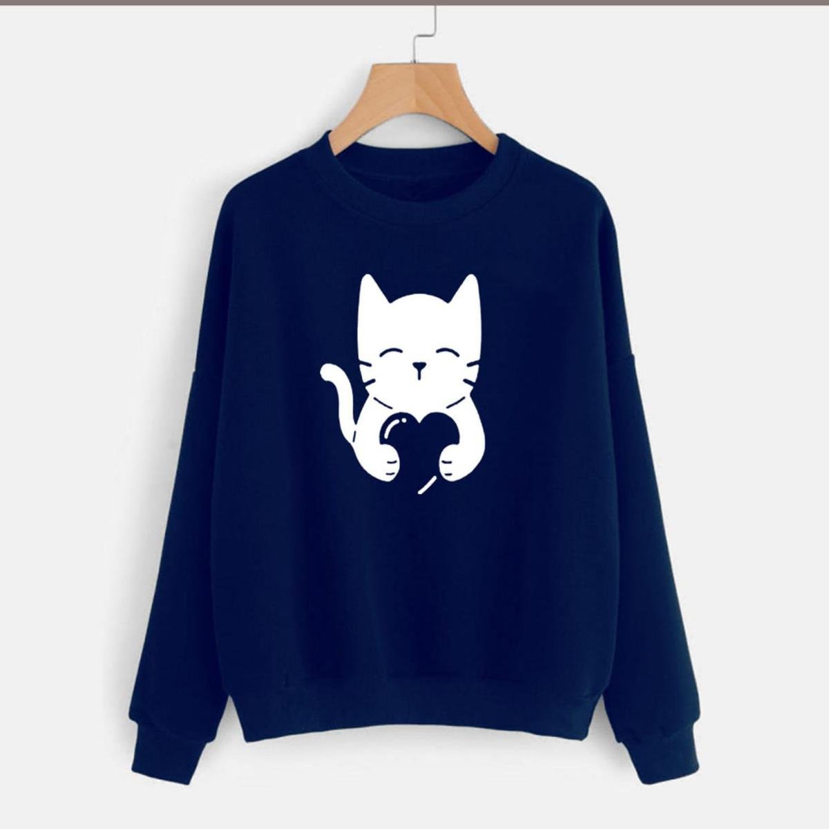 Cute Cat Printed Fleece Full Sleeves Pull Over Sweatshirt For Women - HB INDUSTRIES - Hoodies & Sweatshirts - 