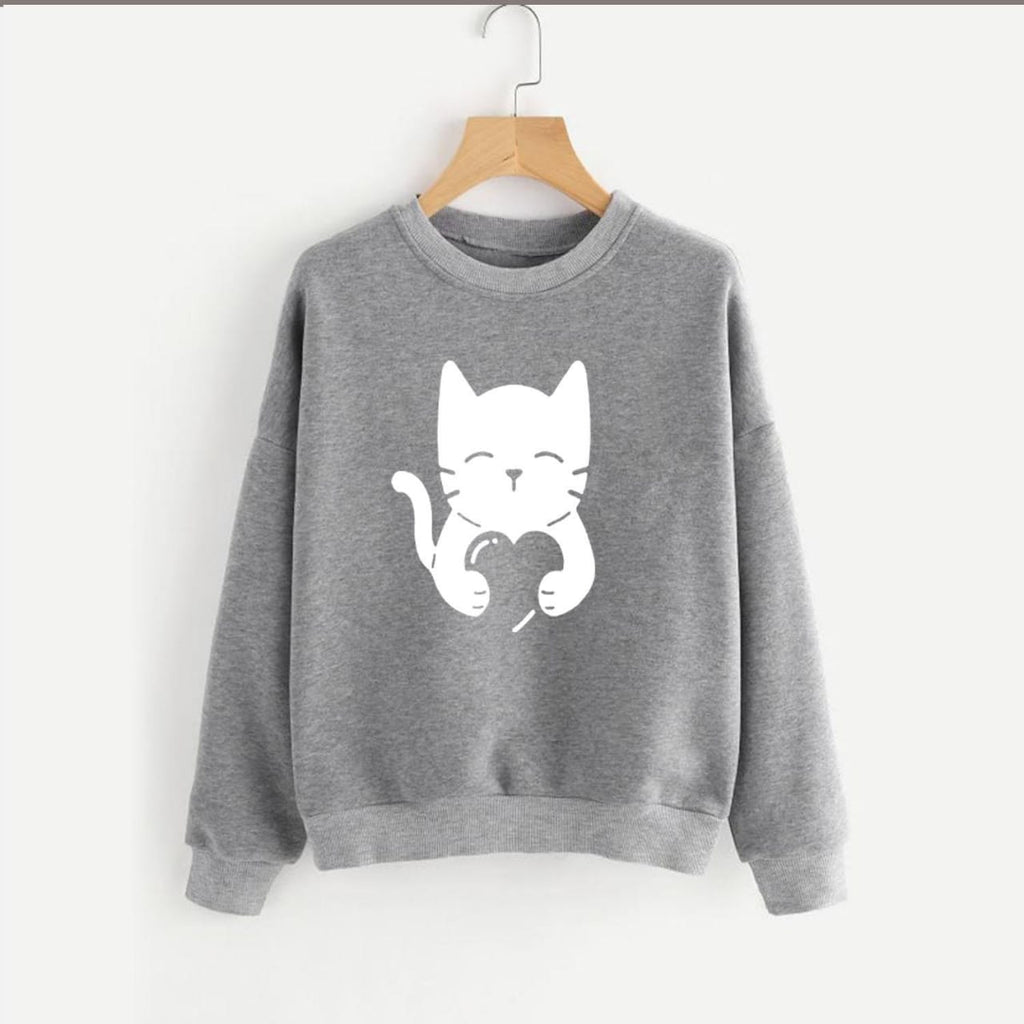 Cute Cat Printed Fleece Full Sleeves Pull Over Sweatshirt For Women - HB INDUSTRIES - Hoodies & Sweatshirts - 