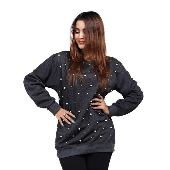 Dark Grey Pearl Embellished Sweatshirt For Women - HB INDUSTRIES - Hoodies & Sweatshirts - 