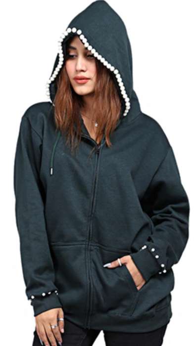 Deep Green Pearl Embellished Hoodie For Women - HB INDUSTRIES - Hoodies & Sweatshirts - 