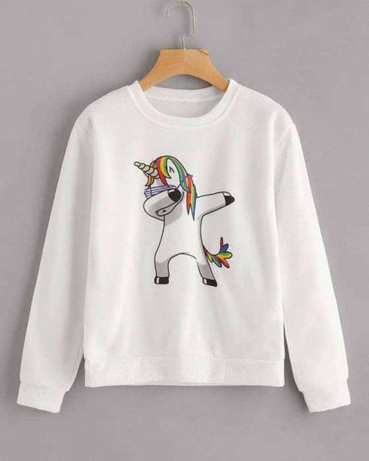 White Funky Unicorn Print Sweat Shirt For womens