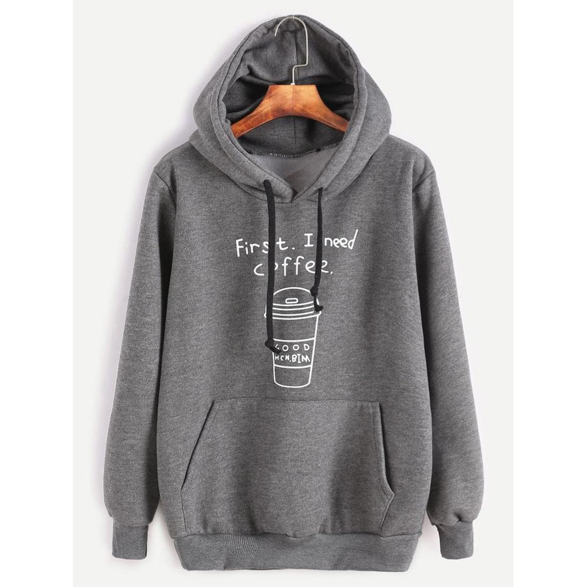 First I Need Coffee Charcoal Fleece Full Sleeves Pull Over Hoodie For Women - HB INDUSTRIES - Hoodies & Sweatshirts - 