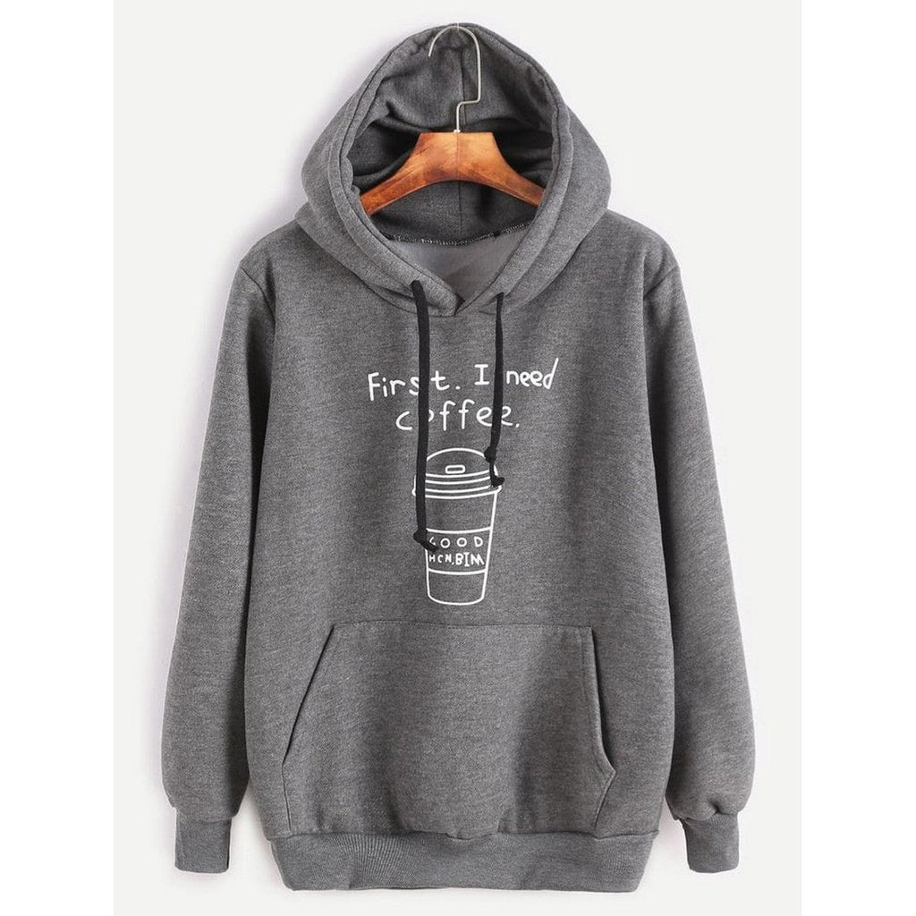 First I Need Coffee Charcoal Fleece Full Sleeves Pull Over Hoodie For Women - HB INDUSTRIES - Hoodies & Sweatshirts - 